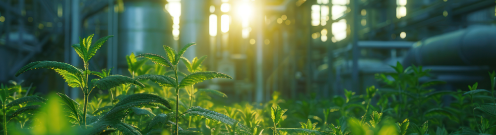 Greenery in front focus surrounded by chemical plant