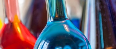 Beakers filled with colorful liquids